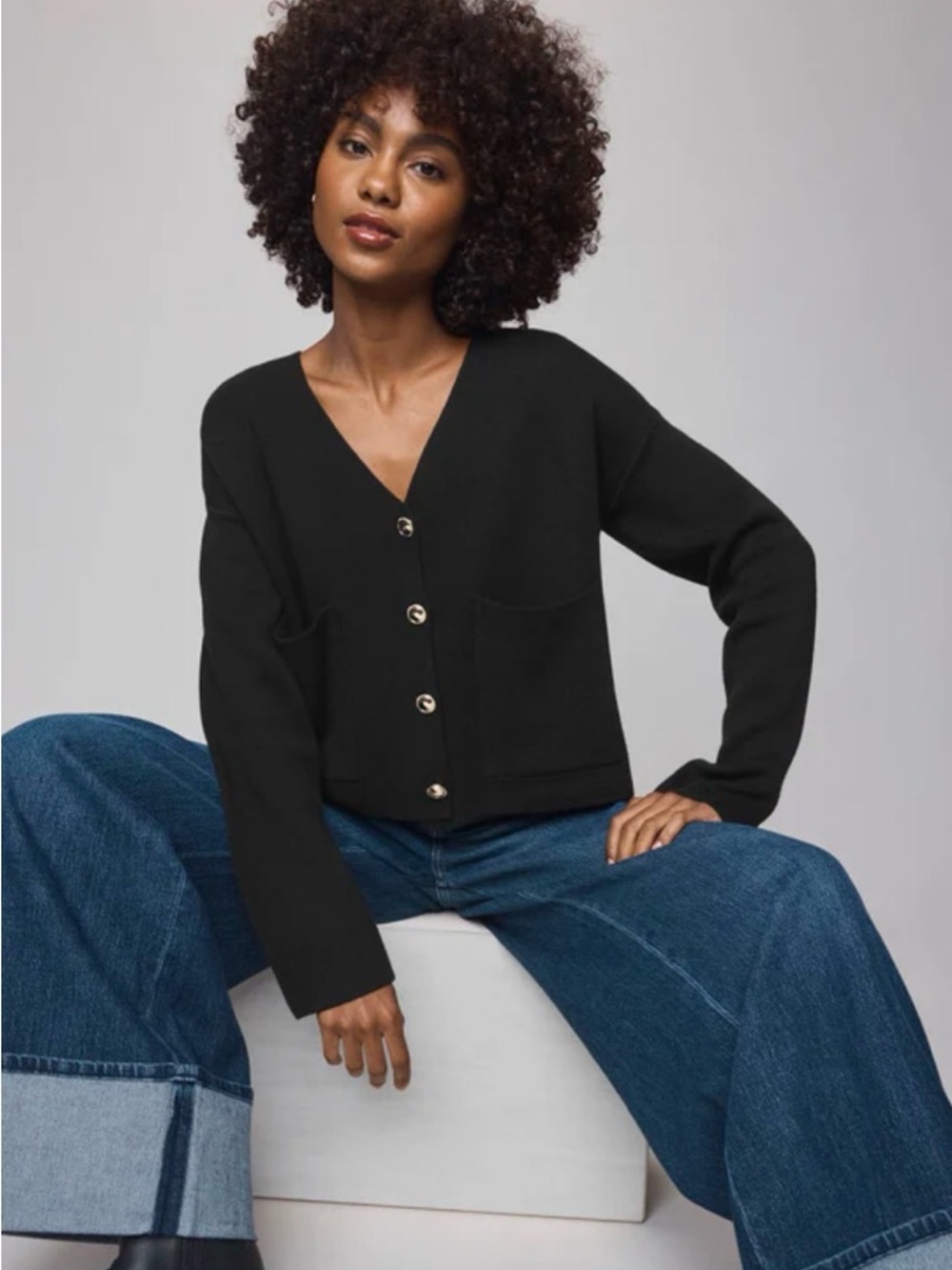 Splendid Black Off-the-Shoulder Button Cardigan - Picture 2 of 5